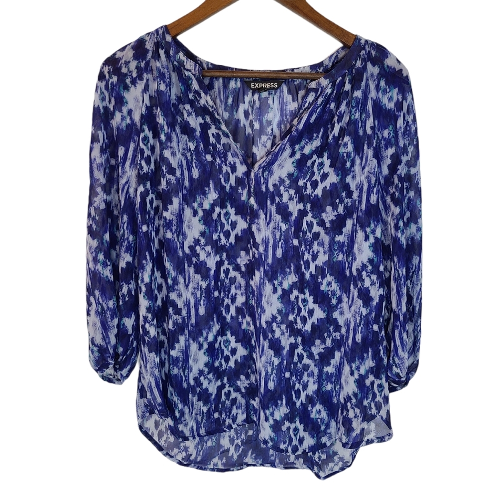 Express Abstract Sheer Blue Blouse Medium